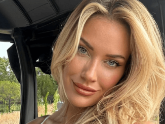 Braless Paige Spiranac posed with her tennis club on the lawn in a plunging, short-sleeved top that clung to her curves